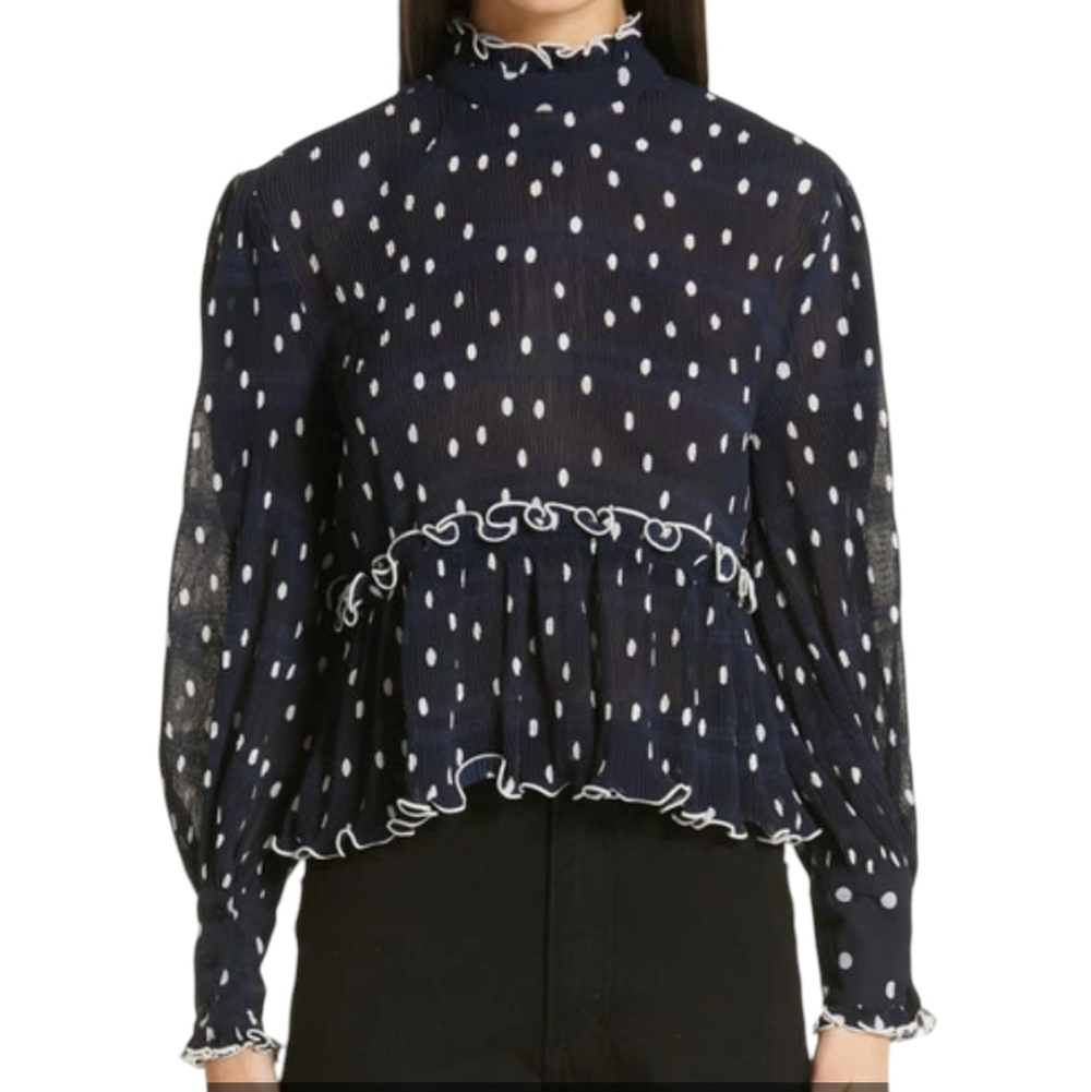 Ganni Pleated Georgette Navy Polka Dot Blouse...Size EU 34/US 2